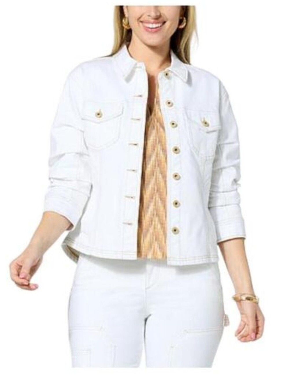 Democracy 3/4 Ruched Sleeve Button Up White Denim Jacket Top Optic White Medium